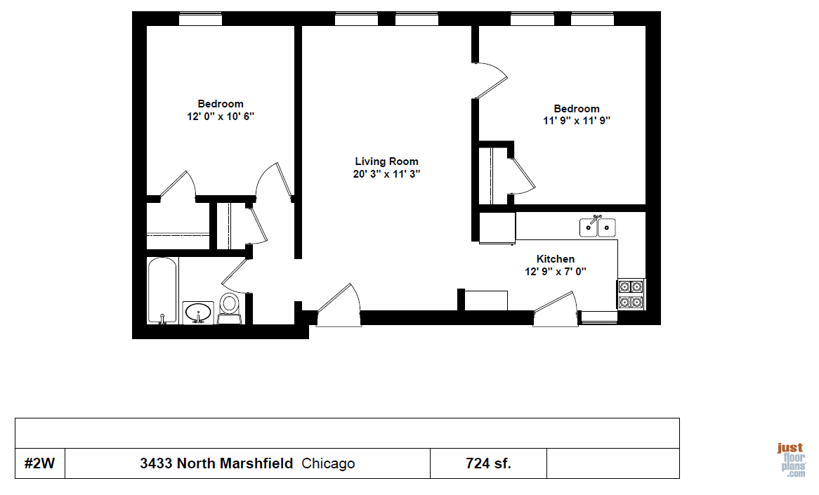 Floor plan for 2 beds, 1 bath, 689 sqft